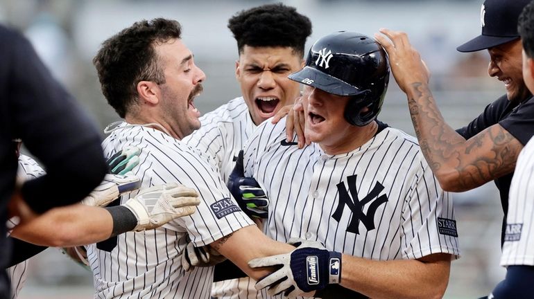 DJ LeMahieu #26 of the Yankees celebrates his tenth inning...