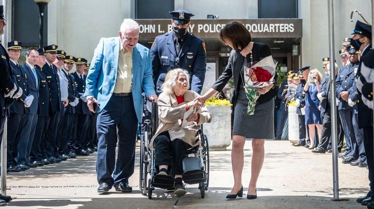 Suffolk County Police Commissioner Geraldine Hart is joined by her...