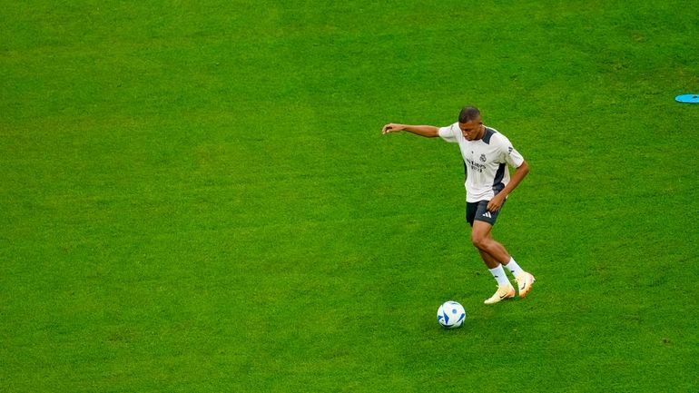 Real Madrid's Kylian Mbappe attends a training session ahead of...