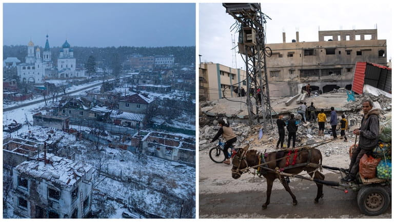 Left: Destroyed Russian tanks in Sviatohirsk, Ukraine, in February. Right: Palestinians inspect a...