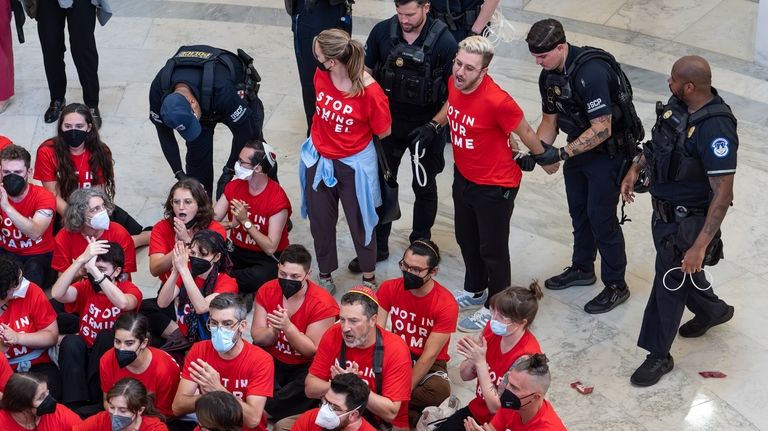 U.S. Capitol Police detain demonstrators protesting against the military policies...