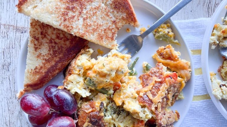 Leftover vegetables and stuffing give this eggy casserole heft. (November...