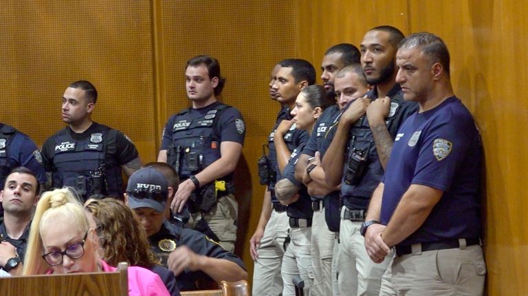 NYPD officers, some wearing shirts with 'Diller' on the back,...