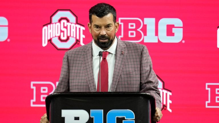 Ohio State head coach Ryan Day speaks during an NCAA...