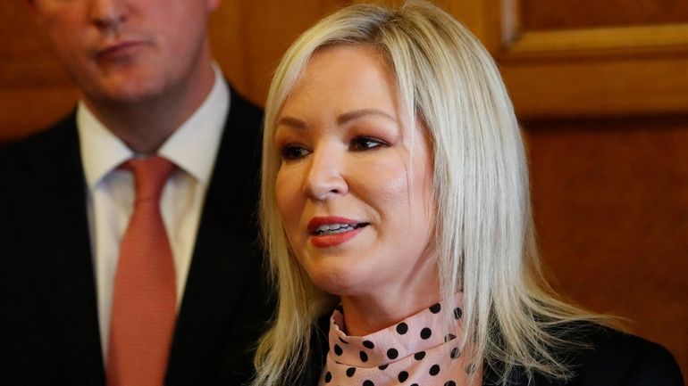 Sinn Fein deputy leader Michelle O'Neill speaks to the media...