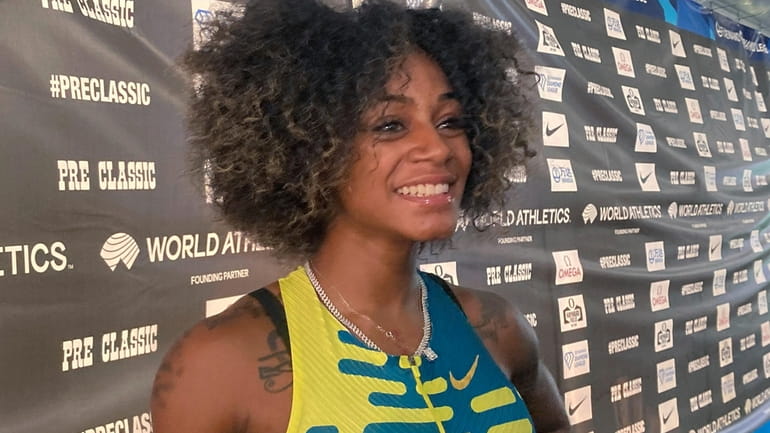 Sprinter Sha’Carri Richardson speaks to reporters at the Prefontaine Classic...