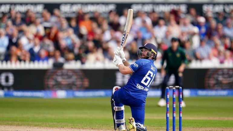 England's Phil Salt hits a six during the third Metro...