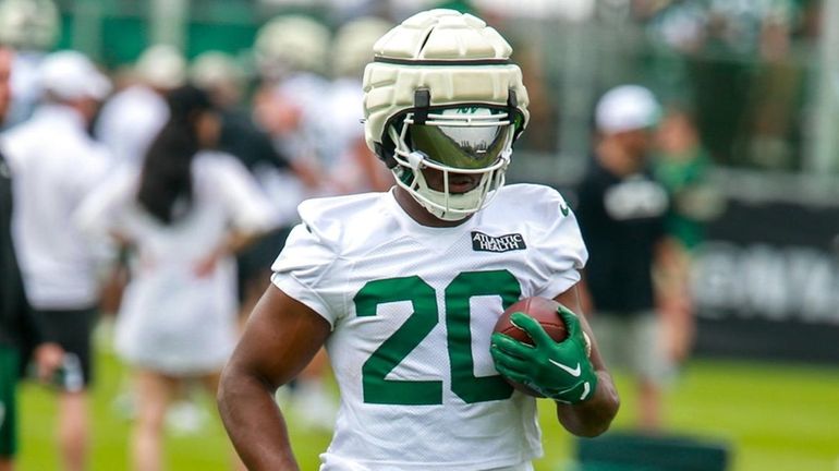 New York Jets running back Breece Hall at training camp...