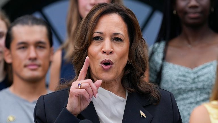 Vice President Kamala Harris speaks from the South Lawn of...