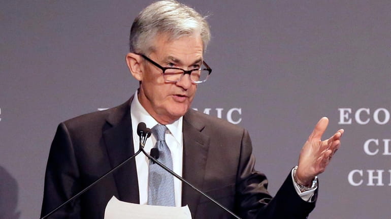 Federal Reserve chairman Jerome Powell speaks before the Economic Club...