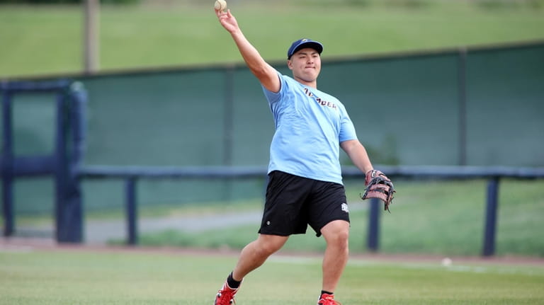 Trenton Thunder first baseman Rintaro Sasaki (49) makes a throw...