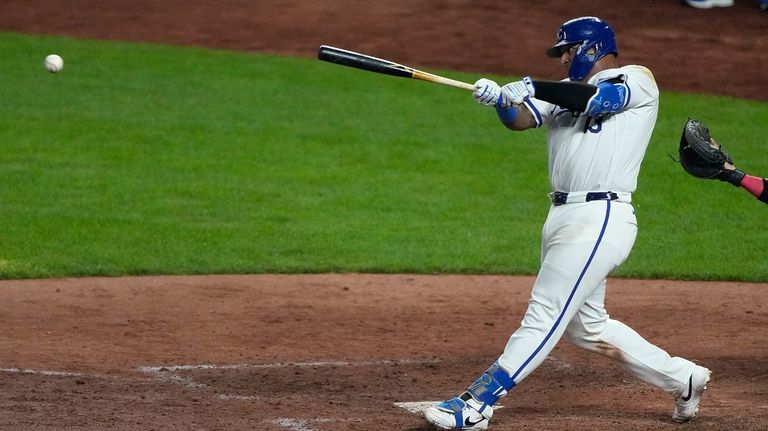 Kansas City Royals' Salvador Perez hits a two-run double during...