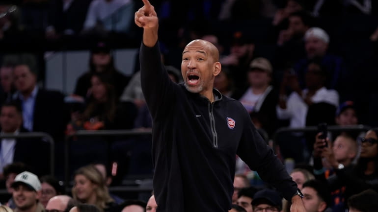 Detroit Pistons head coach Monty Williams reacts during the second...