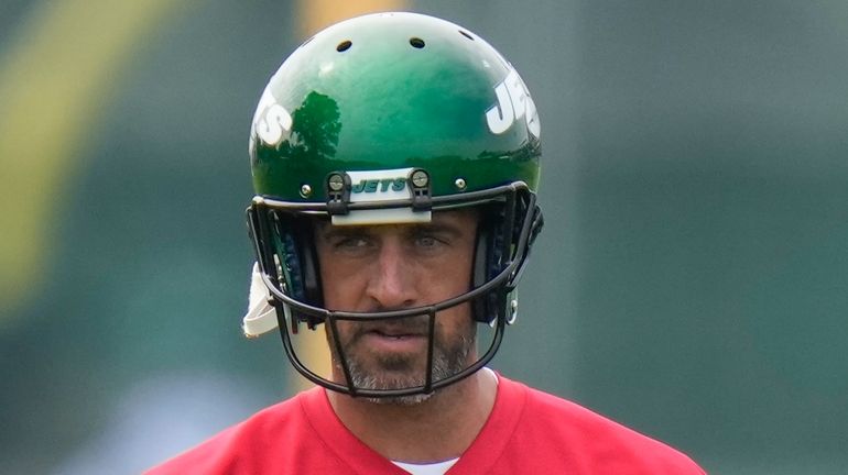 New York Jets quarterback Aaron Rodgers at training camp in Florham...