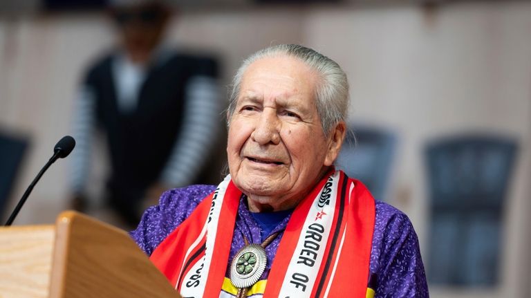 Lacrosse player Oren Lyons speaks after receiving the Order of...