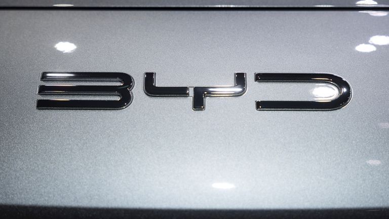 The BYD logo is pictured during the press day at...