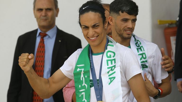 Gold medalist in the the women's 66 kg boxing Algeria's...