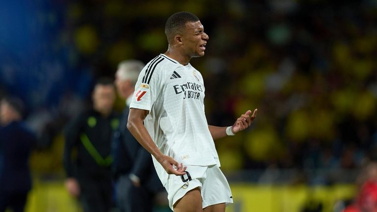 Real Madrid's Kylian Mbappe reacts during the Spanish La Liga...