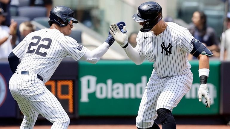 Aaron Judge of the Yankees celebrates his first-inning two-run home...