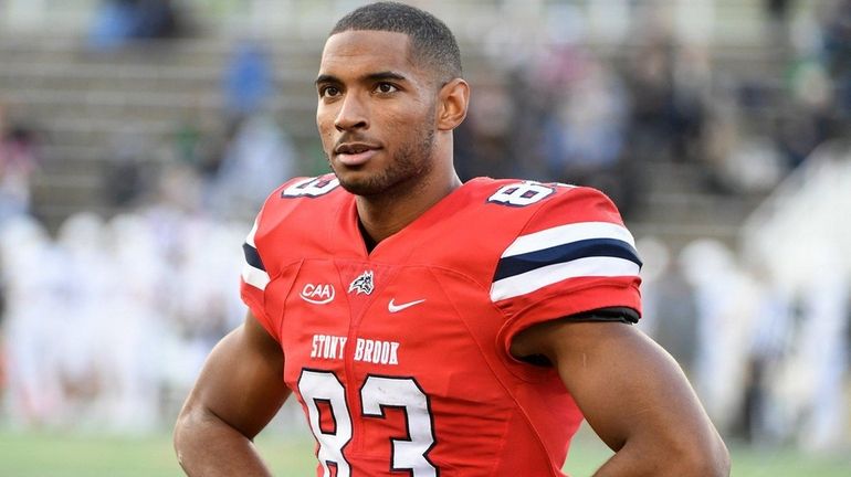 Stony Brook wide receiver Harrison Jackson looks on against Lehigh...