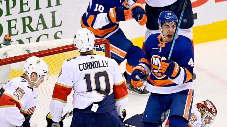 Islanders' Jean-Gabriel Pageau celebrates his goal as Florida Panthers right wing Brett...