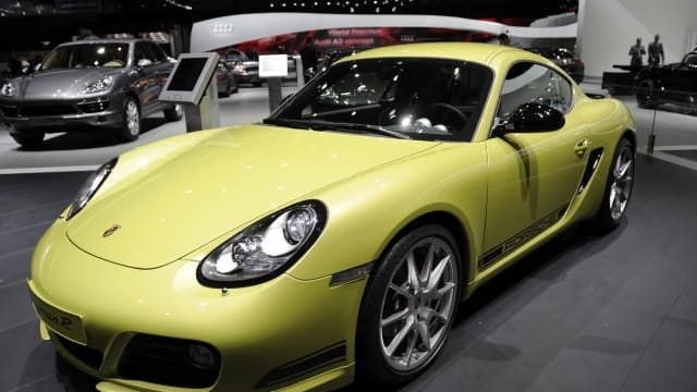 A Porsche Cayman R sits on display during the official...
