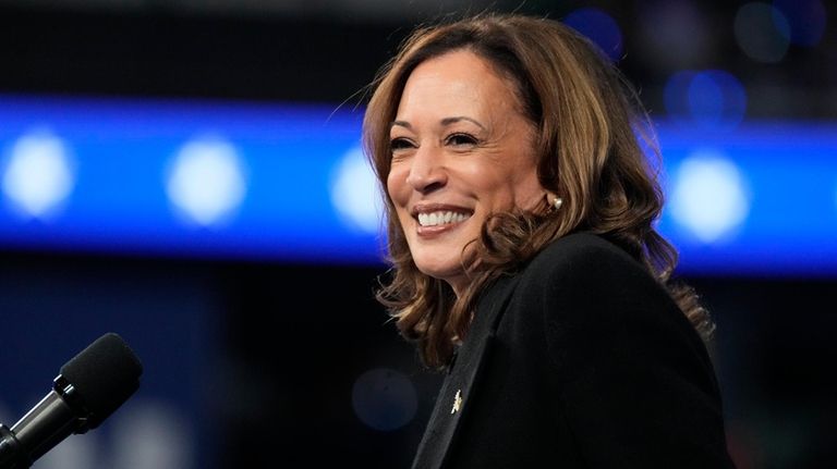 Democratic presidential nominee Vice President Kamala Harris speaks during a...