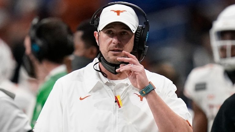 Texas head coach Tom Herman looks on during the second...