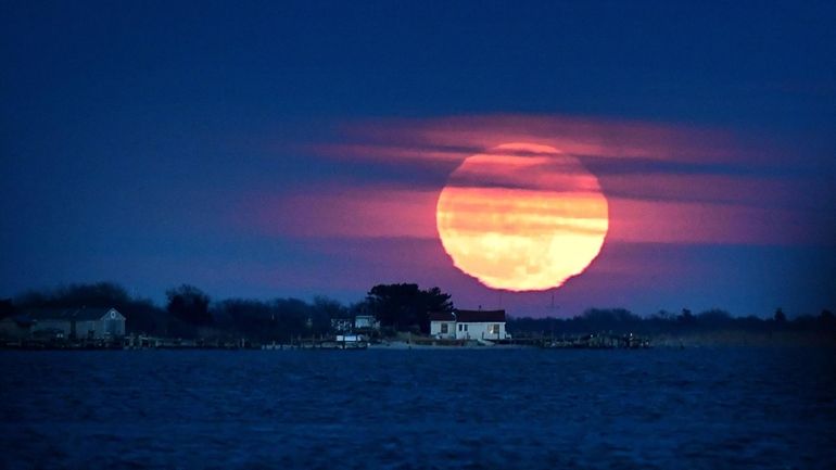 A supermoon rises over Long Island on Jan. 31, 2018.