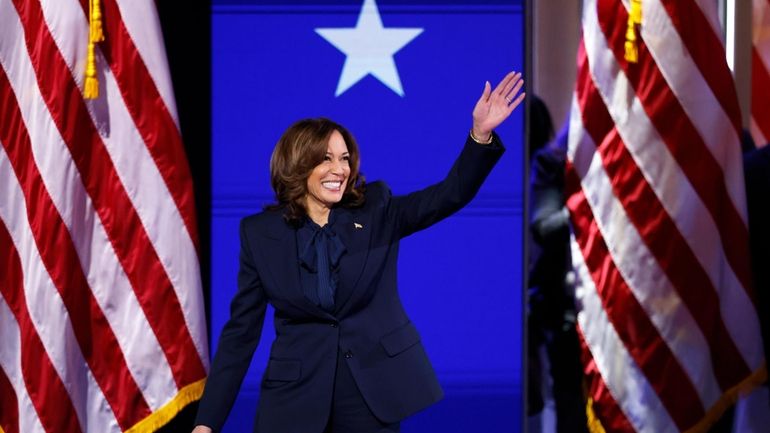 Democratic presidential nominee Vice President Kamala Harris, seen at the...