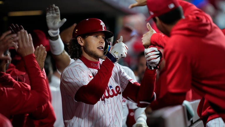 Alec Bohm of the Philadelphia Phillies looks on against the Miami