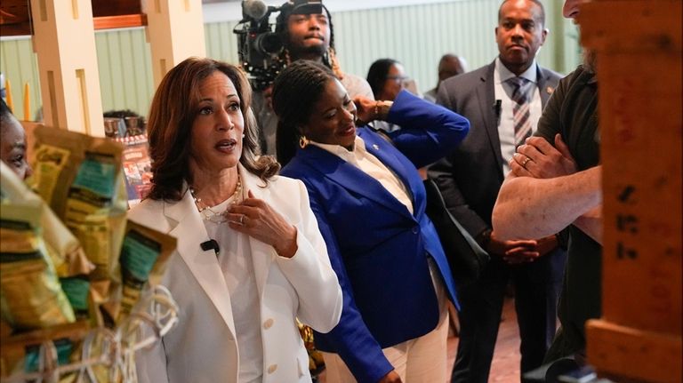 Democratic presidential nominee Vice President Kamala Harris looks at a...