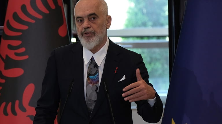 Albania's Prime Minister Edi Rama speaks during a news conference...