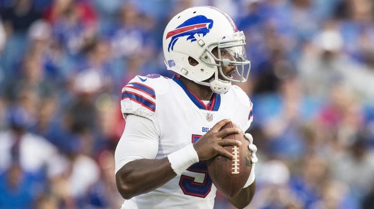 Tyrod Taylor of the Bills drops back to pass during...