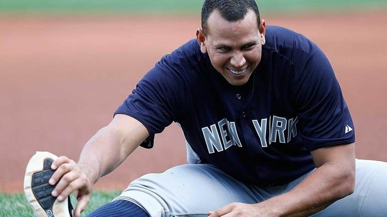 Alex Rodriguez of the Yankees warms up before a game...