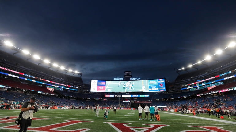 FILE — Lights illuminate Gillette Stadium before an NFL football...