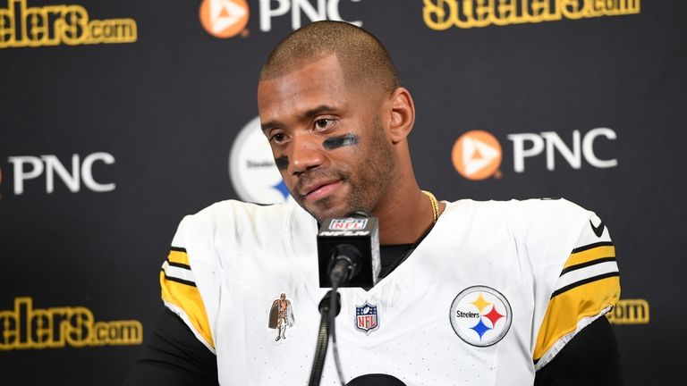 Pittsburgh Steelers quarterback Russell Wilson addresses the media after an...