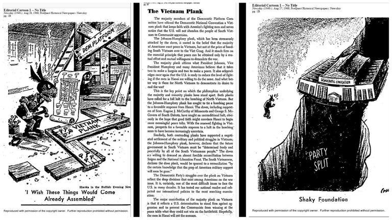 A Newsday editorial from August 1968 titled "The Vietnam Plank" and two...