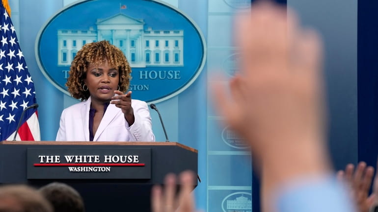 White House press secretary Karine Jean-Pierre takes questions during the...