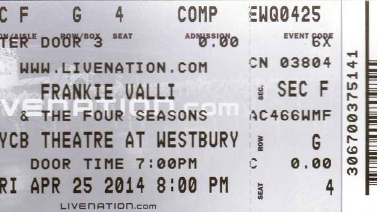 The stub of Brian Stoll’s ticket to see Frankie Valli...