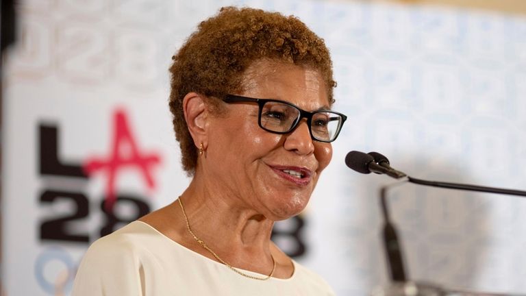 FILE- Los Angeles Mayor Karen Bass speaks at a reception...