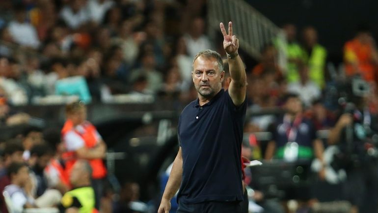 Barcelona's head coach Hansi Flick gestures during the Spanish La...