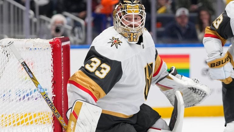 Vegas Golden Knights goaltender Adin Hill protects the net during...