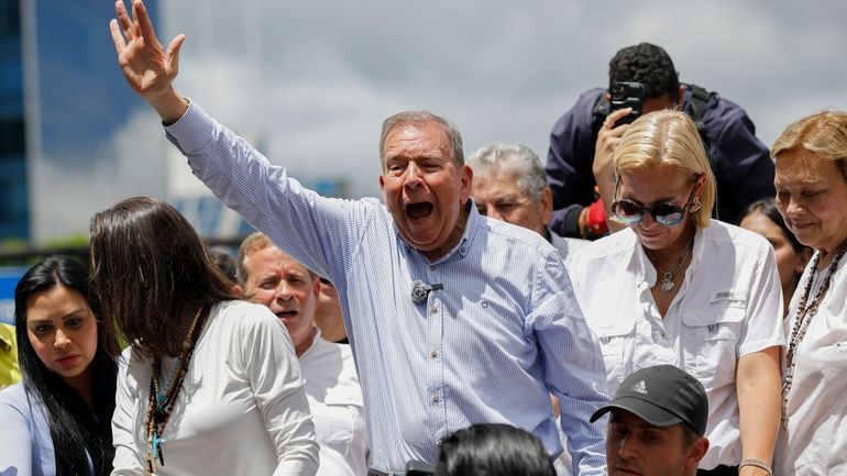 Opposition presidential candidate Edmundo Gonzalez leads a demonstration against the...