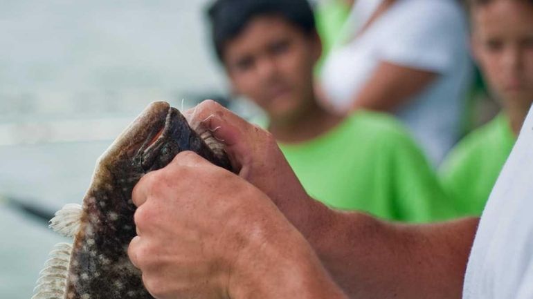 A crew member takes a hook out of a fluke...