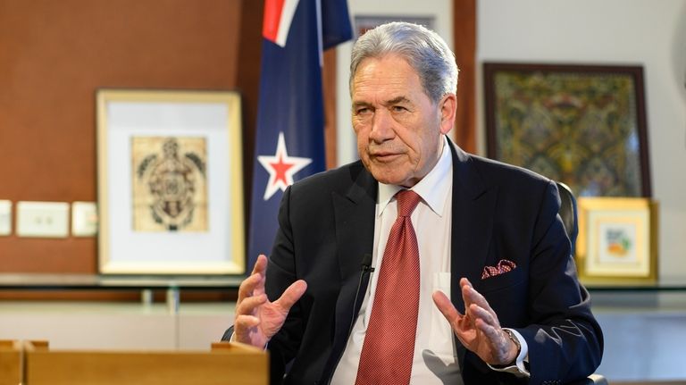 New Zealand Foreign Minister Winston Peters comments during an interview...