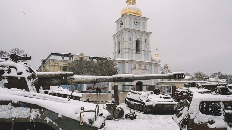 Destroyed Russian military equipment covered in snow in Kyiv, Ukraine...