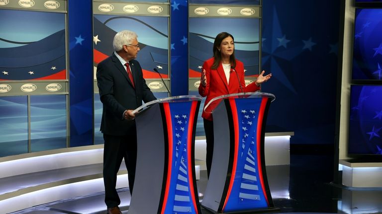 Former U.S. Sen. Kelly Ayotte, right, speaks during a Republican...