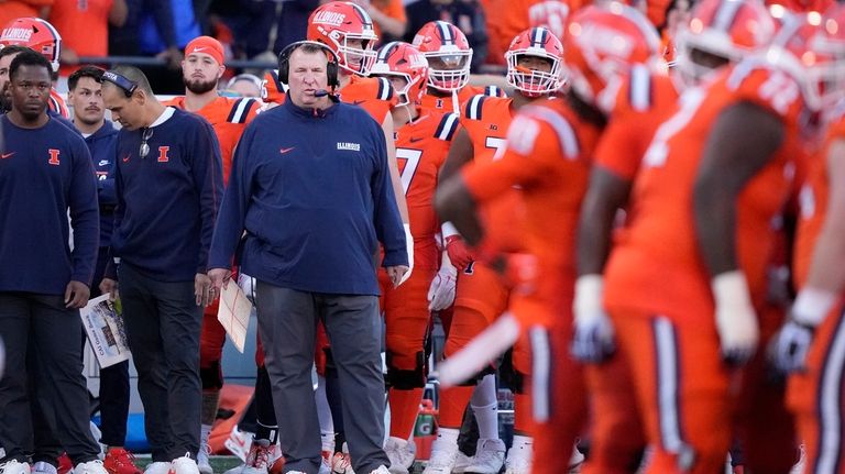 Illinois head coach Bret Bielema watches his team during the...