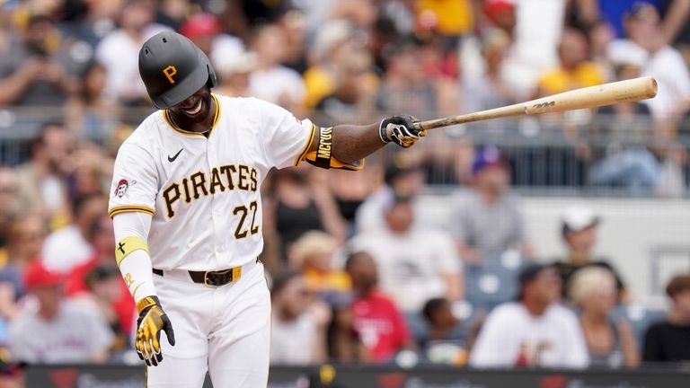 Pittsburgh Pirates' Andrew McCutchen reacts after flying out to Philadelphia...